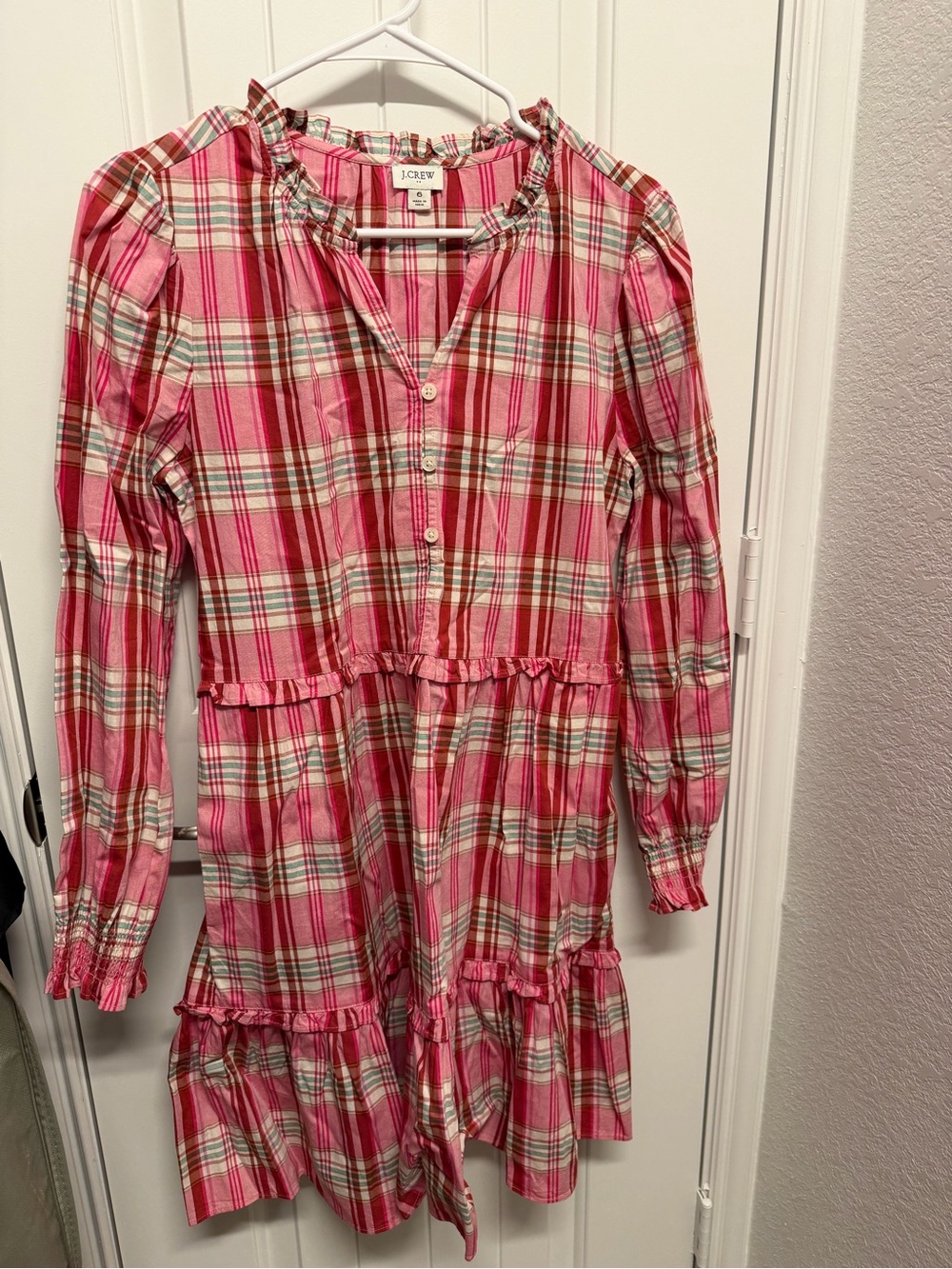 J. Crew Pink Plaid Long Sleeve Ruffle Button-Front Dress